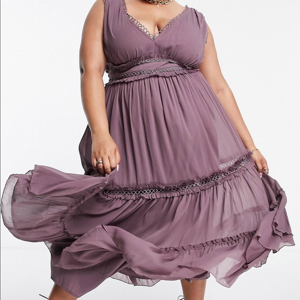 ASOS Design Curve Insert Lace Midi Dress With Ruffle Detail In Dusty Mauve US 14